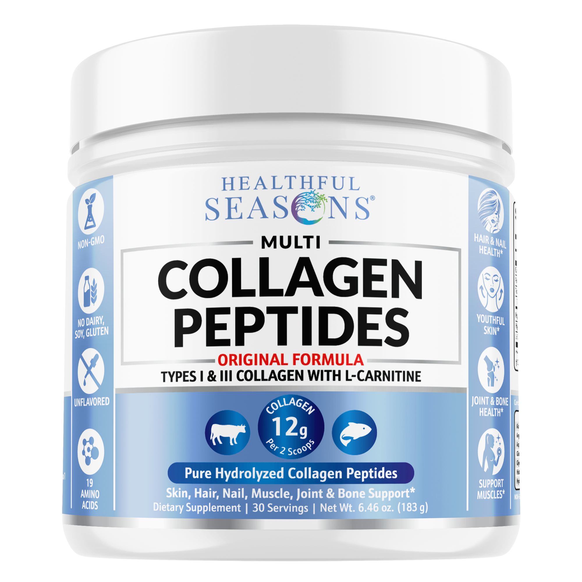 Multi Collagen Peptides Powder Types I & III - Bovine & Marine + L-Carnitine - 30 Servings