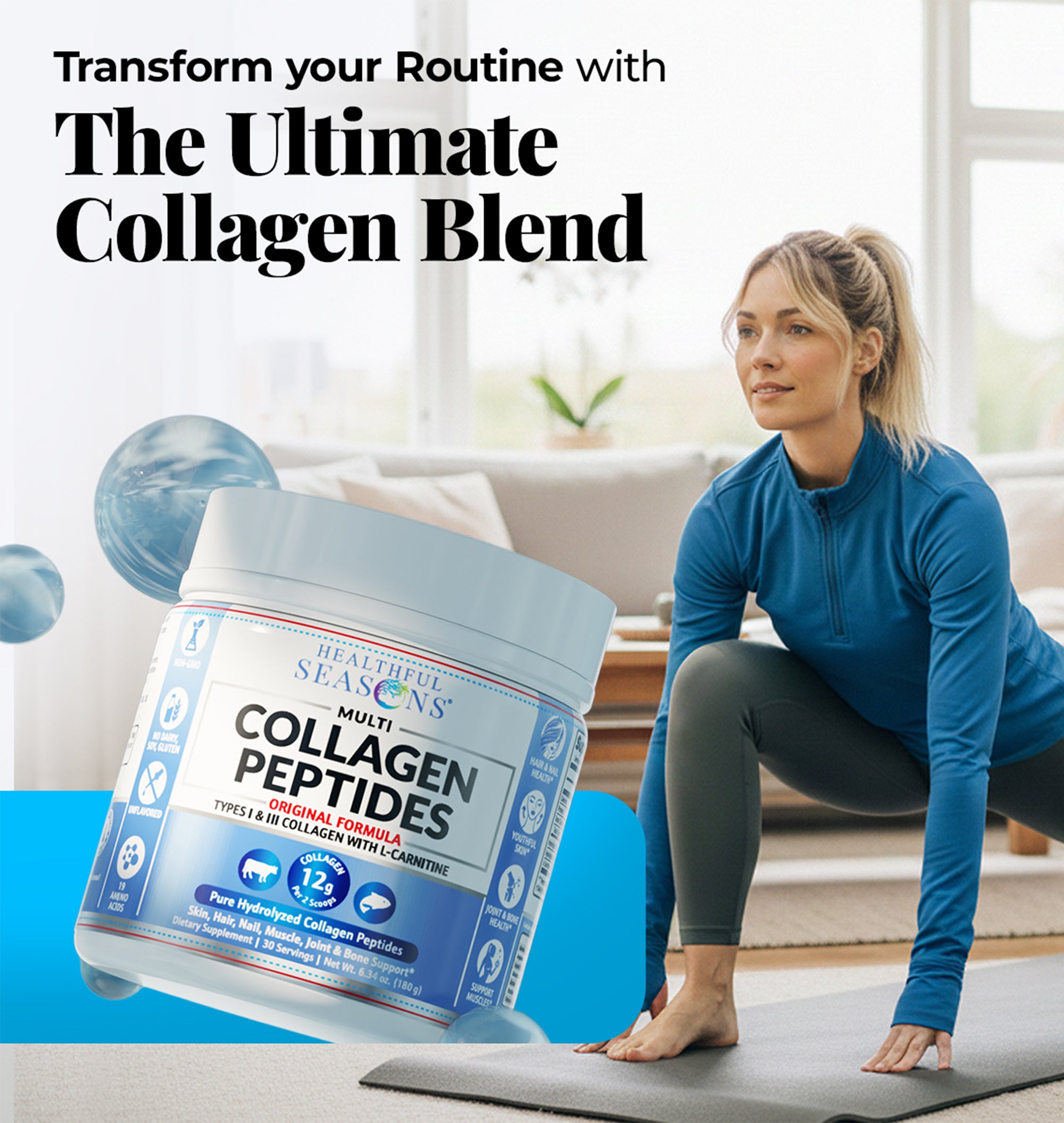 Multi Collagen Peptides Powder Types I & III - Bovine & Marine + L-Carnitine - 30 Servings
