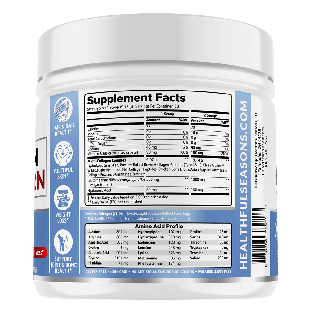 Collagen, Wild-Caught Alaskan Fish, Grass-Fed Bovine. Scientifically Researched Ingredients, 5 types of collagen, 20 amino acids