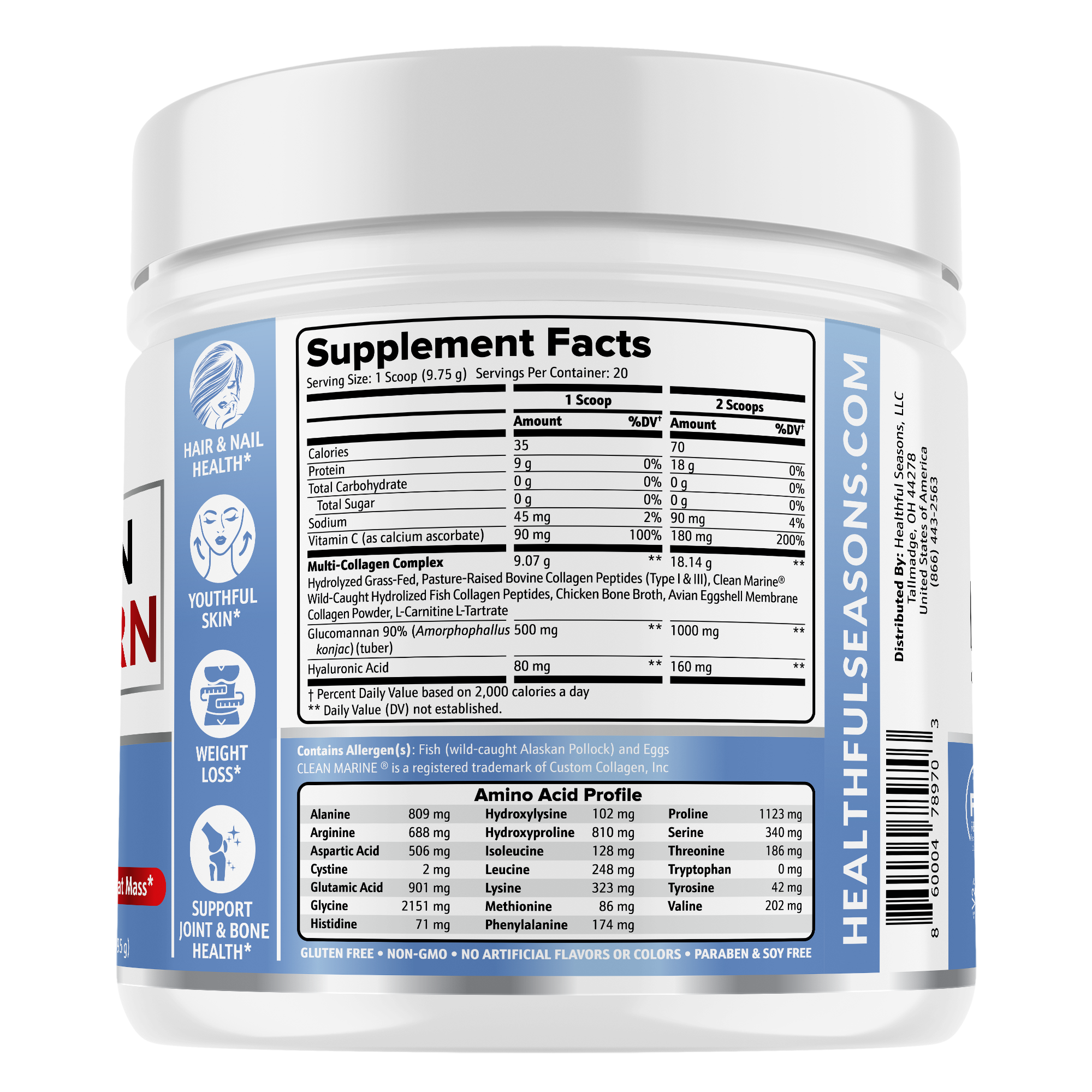 Collagen, Wild-Caught Alaskan Fish, Grass-Fed Bovine. Scientifically Researched Ingredients, 5 types of collagen, 20 amino acids