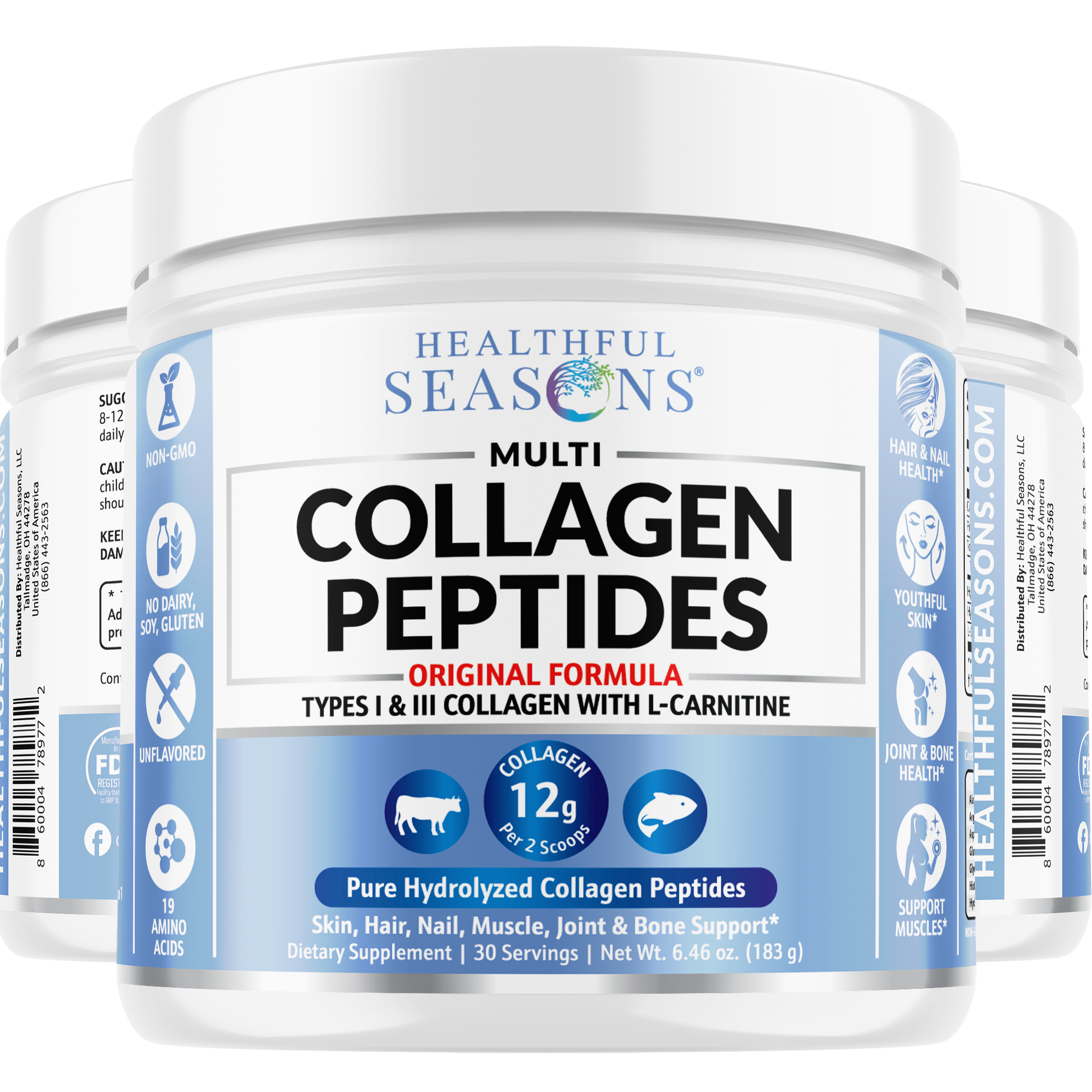 Multi Collagen Peptides Powder Types I & III - Bovine & Marine + L-Carnitine - 30 Servings