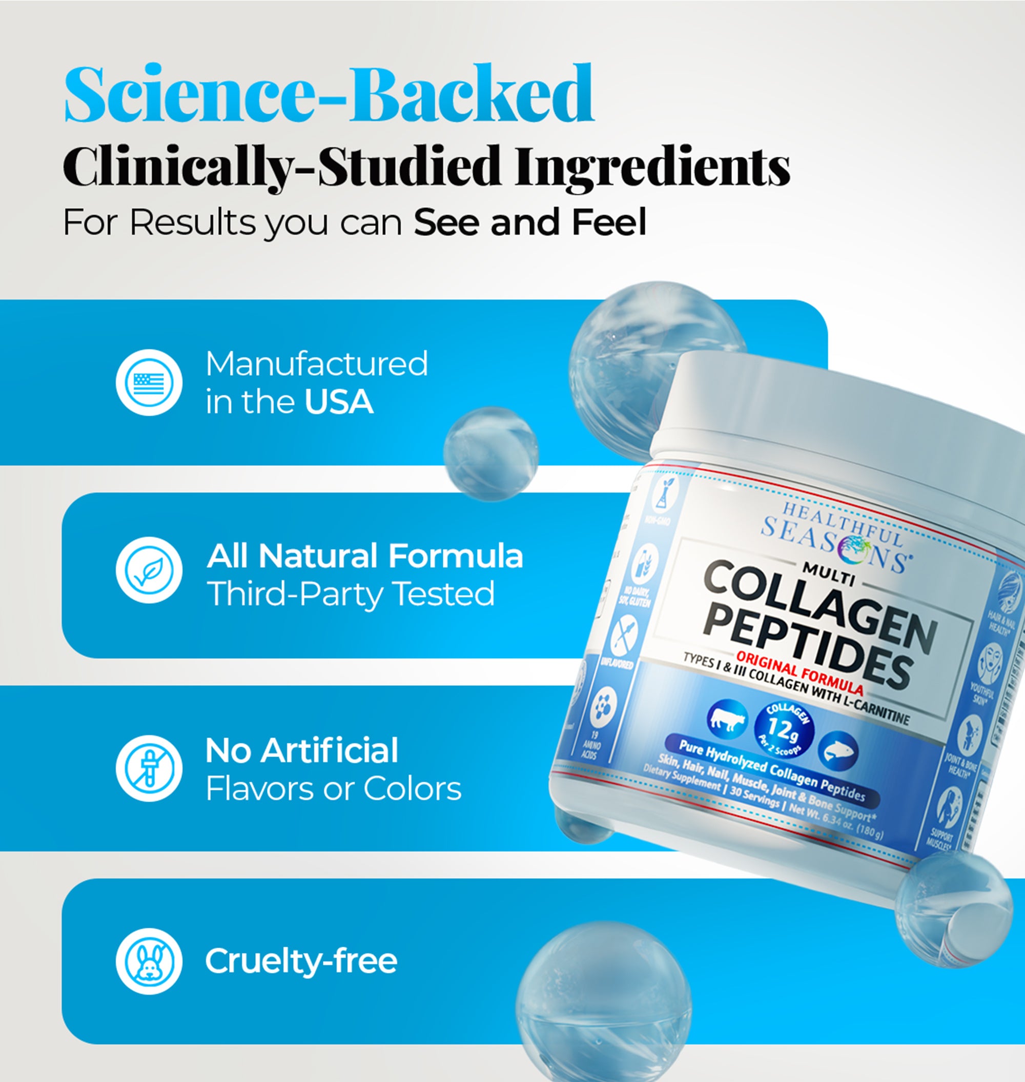 Multi Collagen Peptides Powder Types I & III - Bovine & Marine + L-Carnitine - 30 Servings