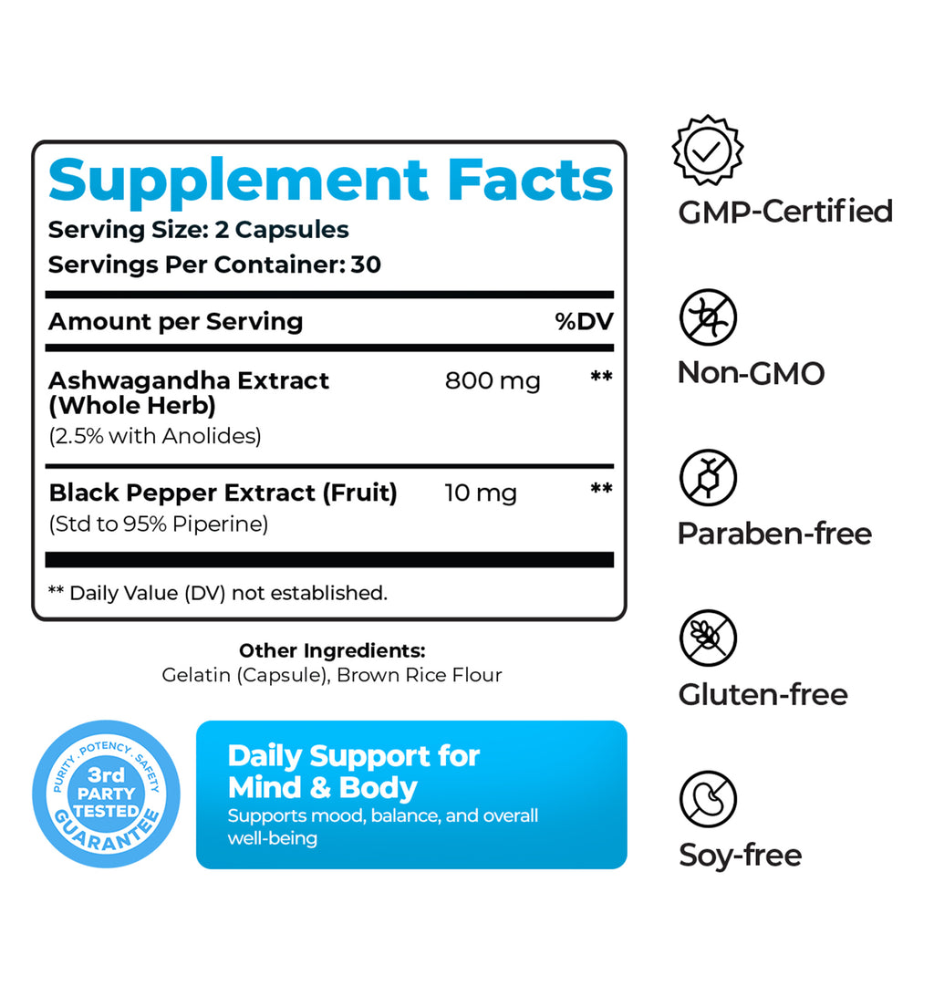 Ashwagandha 800mg with Black Pepper - High Potency Stress & Energy Support - 60 Capsules