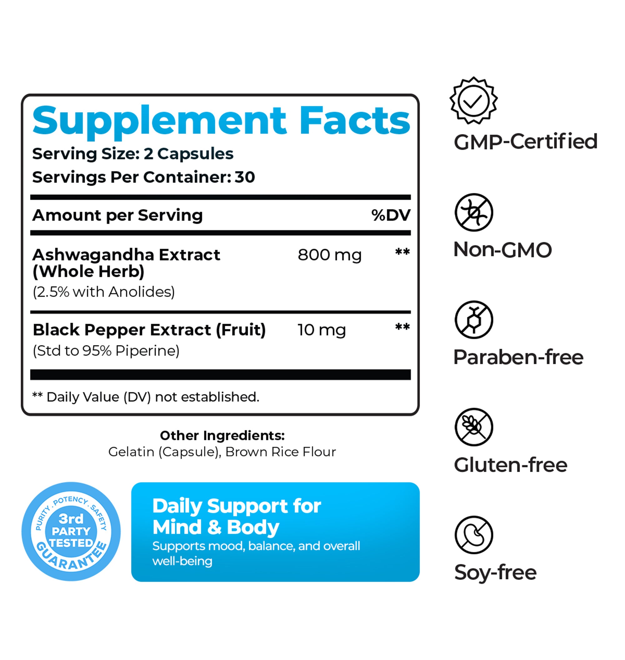 Ashwagandha 800mg with Black Pepper - High Potency Stress & Energy Support - 60 Capsules