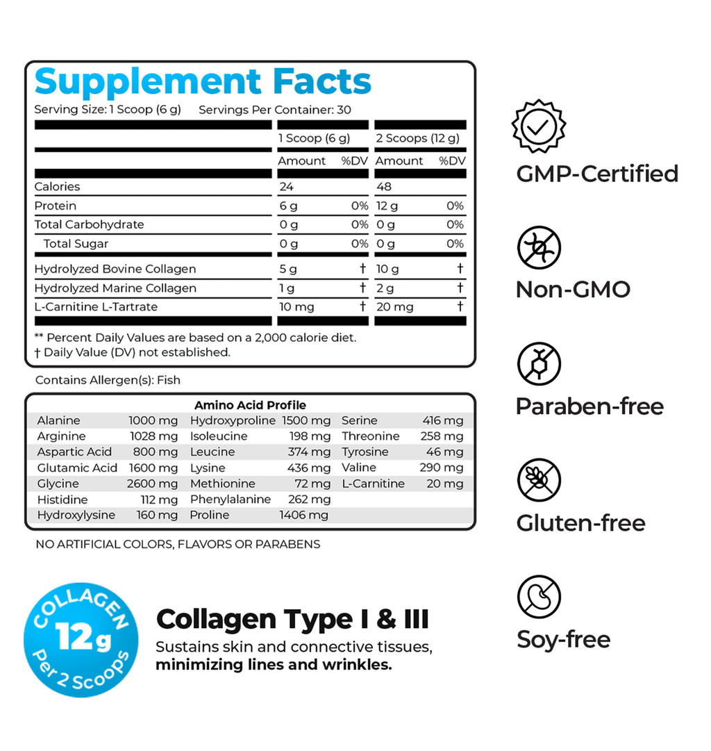 Multi Collagen Peptides Powder Types I & III - Bovine & Marine + L-Carnitine - 30 Servings