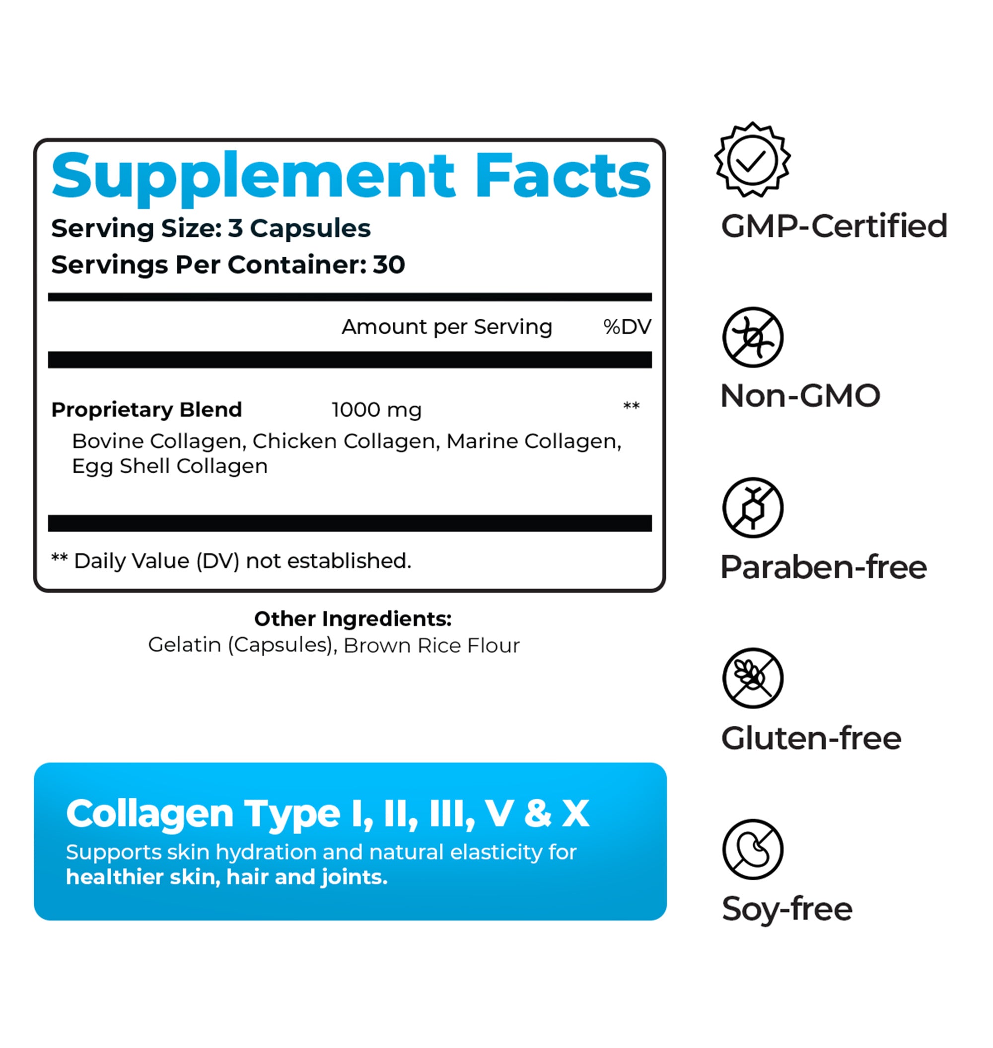 Multi Collagen Capsules – Types I, II, III, V & X – Hair, Skin, Nail & Joint Support – 90 Capsules