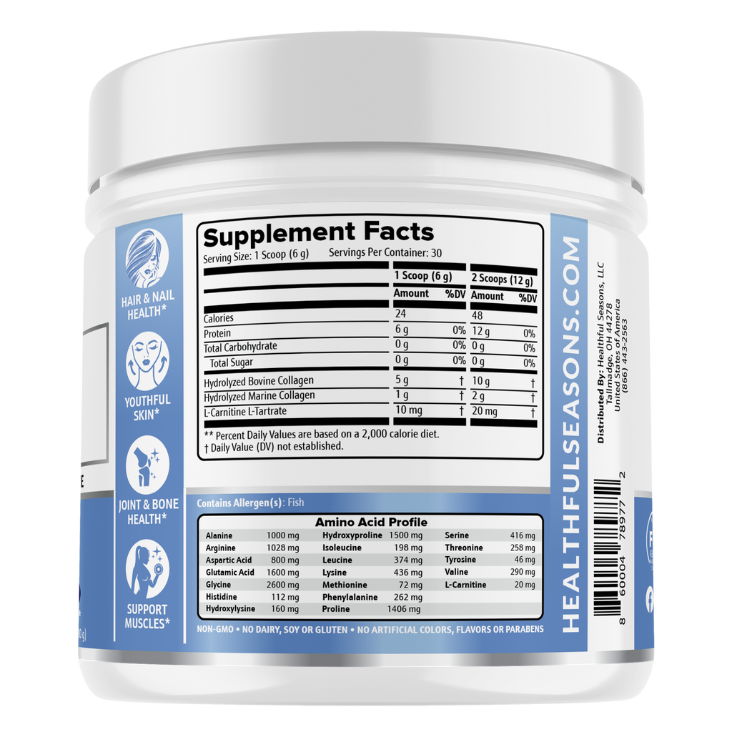 Multi Collagen Peptides Powder Types I & III - Bovine & Marine + L-Carnitine - 30 Servings