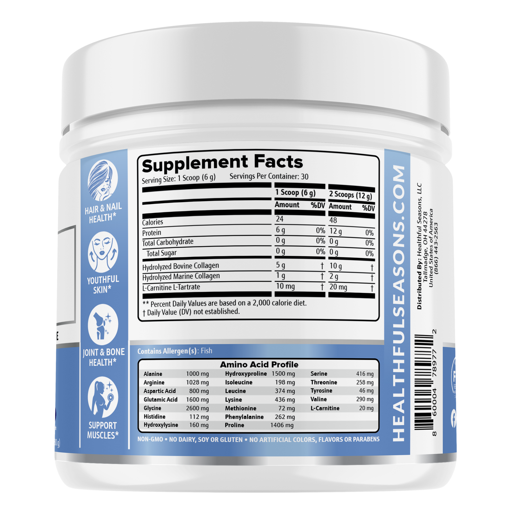 Multi Collagen Peptides Powder Types I & III - Bovine & Marine + L-Carnitine - 30 Servings