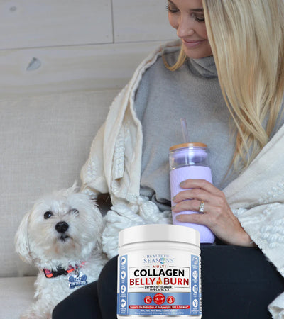 shows a beautiful with her dog drinking a smoothie with collagen belly burn in front
