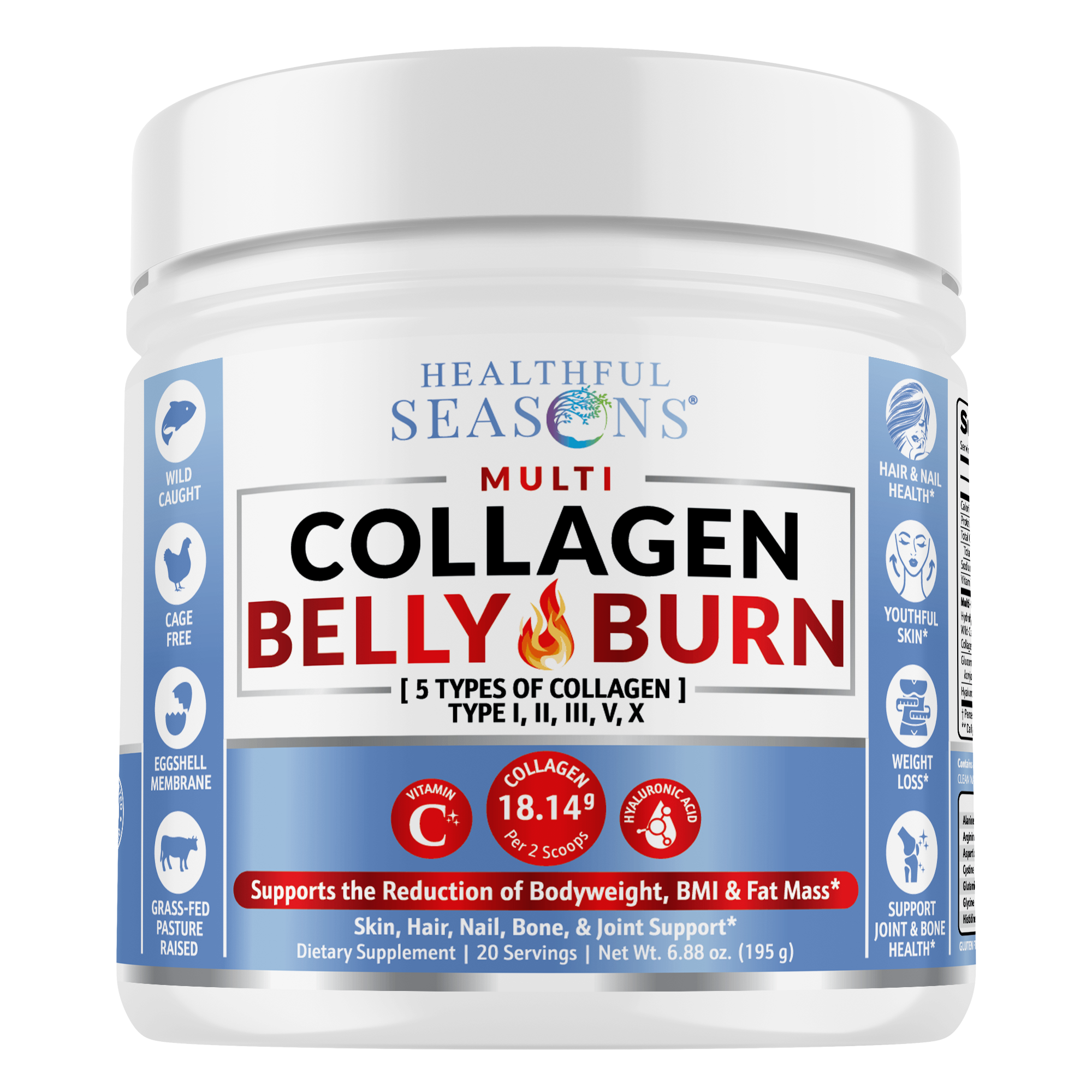 Collagen, Wild-Caught Alaskan Fish, Grass-Fed Bovine. Scientifically Researched Ingredients, 5 types of collagen, 20 amino acids