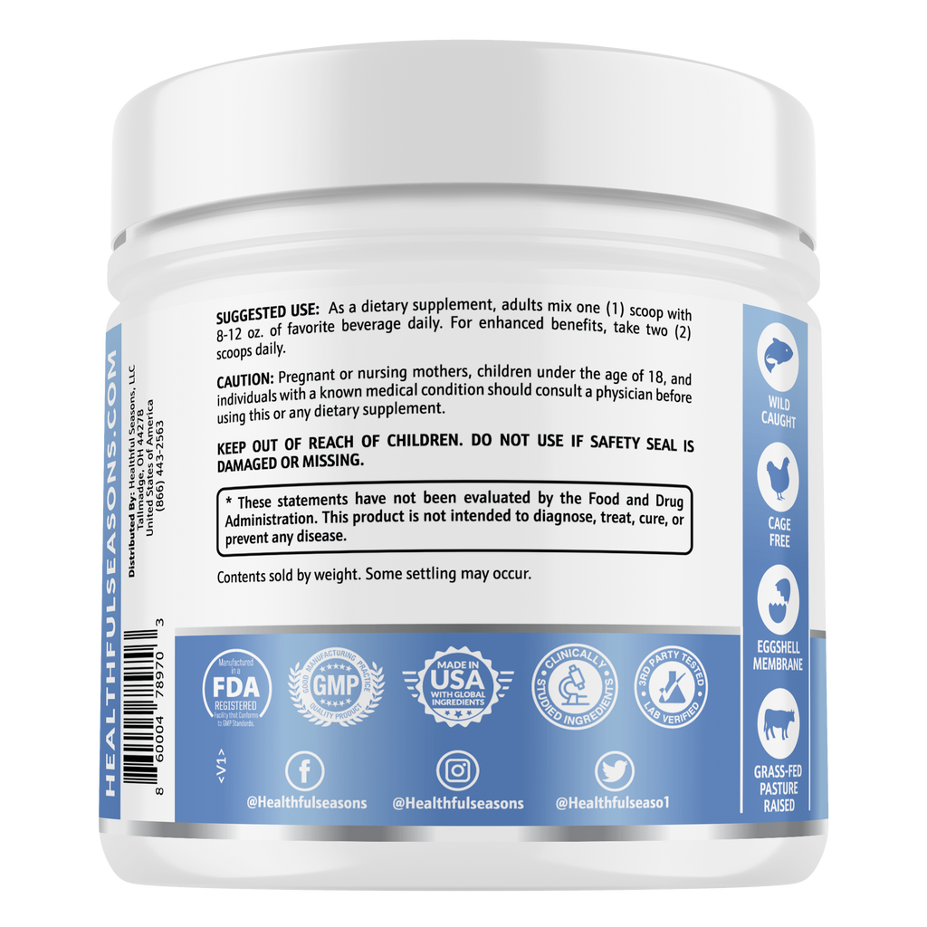 Collagen, Wild-Caught Alaskan Fish, Grass-Fed Bovine. Scientifically Researched Ingredients, 5 types of collagen, 20 amino acids